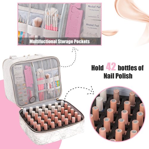 AGX Bravo Nail Polish Organizer Bag Double Layers Nail Polish Storage Case Holds 42 Bottles & 1 Nail Lamp Gel Carrying Case Bag Manicure Supplies Organizers (Marbling)
