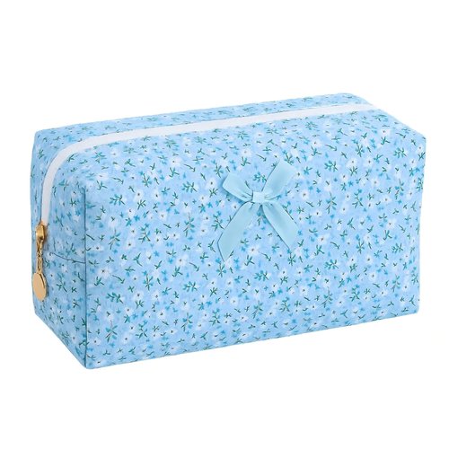 OIMEI Floral Quilted Cotton Makeup Bag for Women, Large Capacity Travel Cosmetic Pouch with Zipper, Cute Toiletry & Brush Organizer, Kawaii Makeup Storage Case – Blue Floral