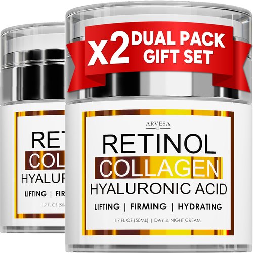 (2 Pack) Retinol Cream for Face with Collagen and Hyaluronic Acid - Anti Aging Wrinkle Cream for Women and Men - Day and Night Facial Moisturizer for Tightening and Skin Firming