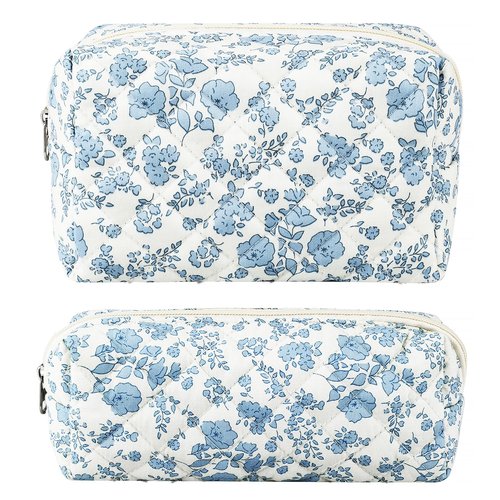 URSKYTOUS 2Pcs Floral Makeup Bag for Women Cotton Quilted Small Coquette Cosmetic Bag Cute Zipper Blue Flower Makeup Pouch Aesthetic Portable Pencil Case Travel Toiletry Bag Trendy Cloth Skincare Bag
