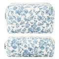 URSKYTOUS 2Pcs Floral Makeup Bag for Women Cotton Quilted Small Coquette Cosmetic Bag Cute Zipper Blue Flower Makeup Pouch Aesthetic Portable Pencil Case Travel Toiletry Bag Trendy Cloth Skincare Bag