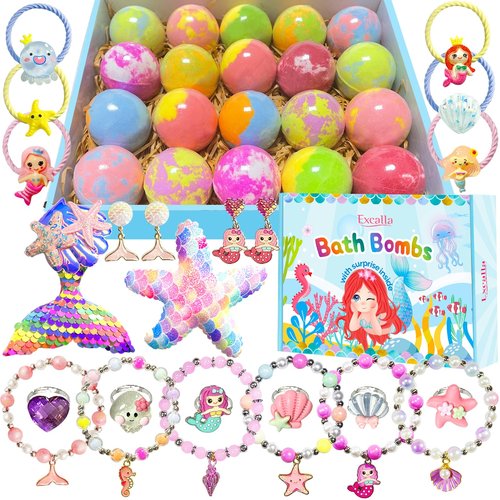 Bath Bombs for Girls Kids with Surprise Inside, 20 Fun Princess Fizzy Bath Bomb with Jewelry Toys, Mermaid Gifts for Daughter Granddaughter Niece, Girls Gift Set for Valentines Day, Easter, Birthday