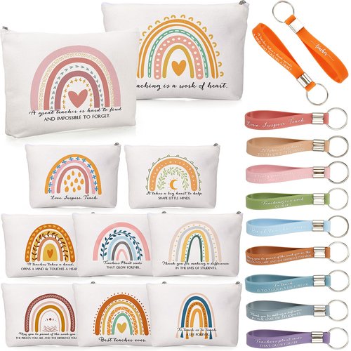 Fumete 20 Pcs Daycare Teacher Gifts Bulk, Inspirational Rainbow Makeup Bags, Silicone Keychains Zipper Canvas Pencil Pouch for Employee Thank You Gift Mothers Day Paraprofessional Appreciation Gifts
