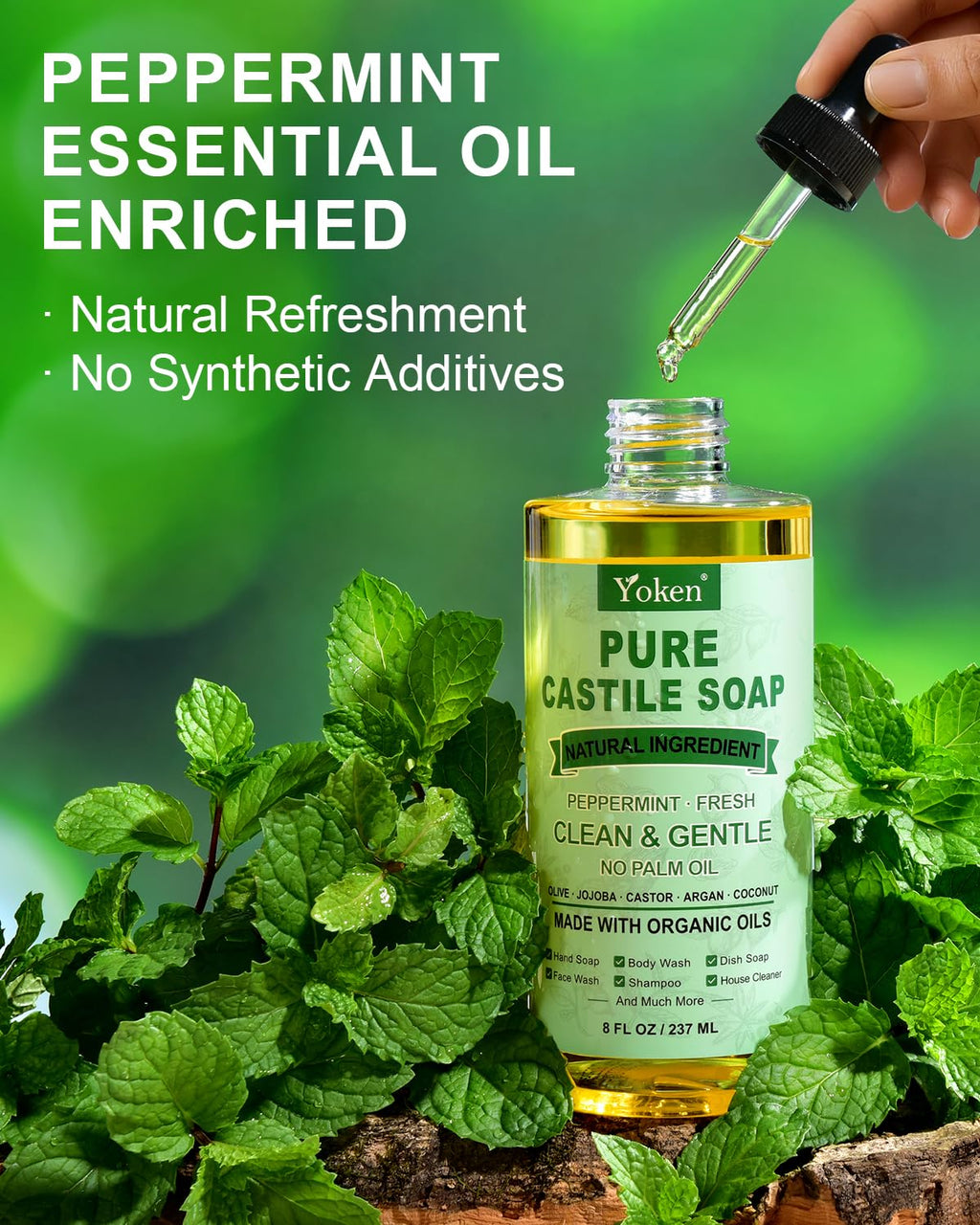 Yoken Peppermint Castile Soap Liquid 8 OZ, Made with Certified Organic Oils, Gentle Peppermint Soap for Body Wash, Face, Hands, Dishes, Laundry & More - Vegan & Natural Ingredients Versatile Cleanser