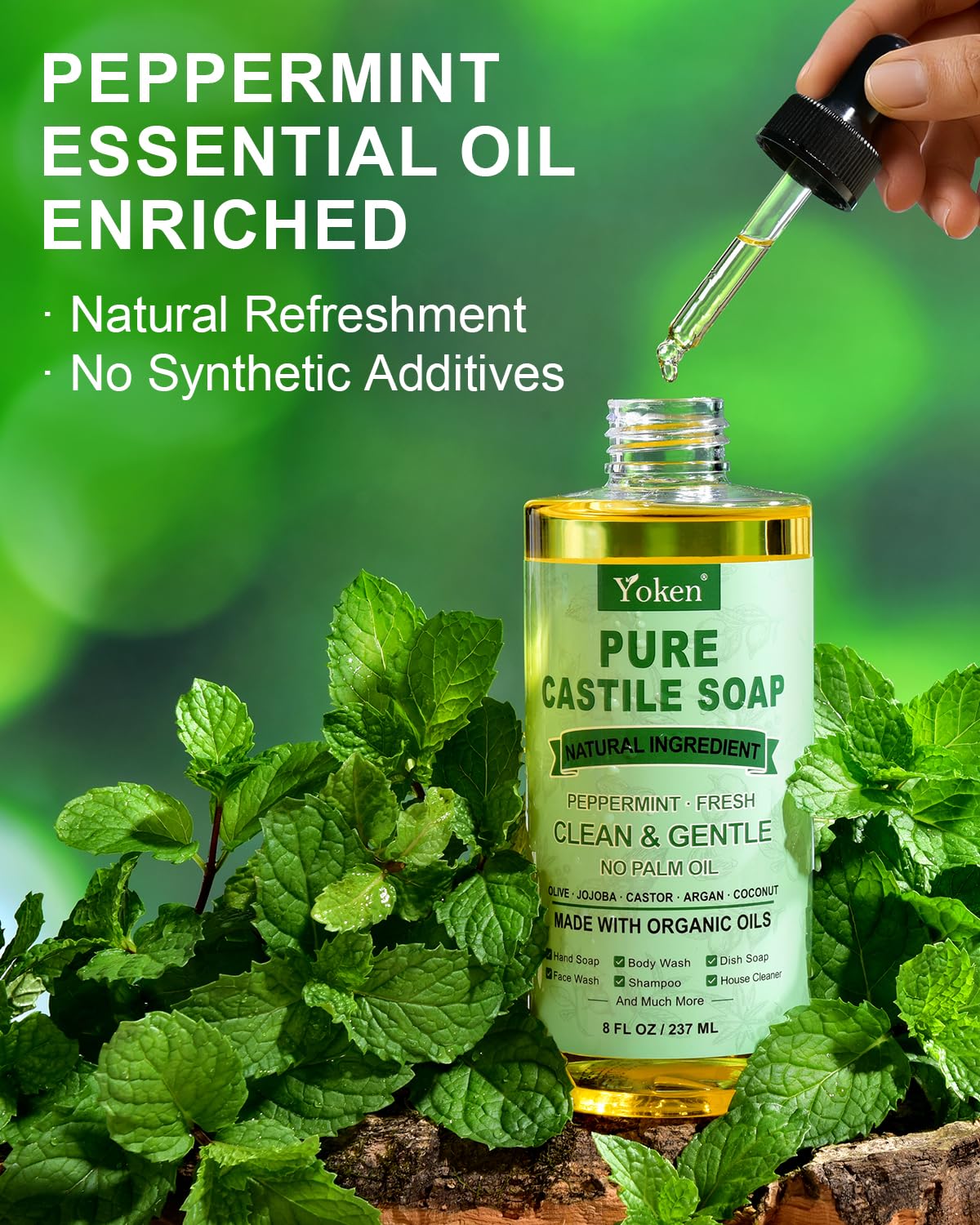 Yoken Peppermint Castile Soap Liquid 8 OZ, Made with Certified Organic Oils, Gentle Peppermint Soap for Body Wash, Face, Hands, Dishes, Laundry & More - Vegan & Natural Ingredients Versatile Cleanser