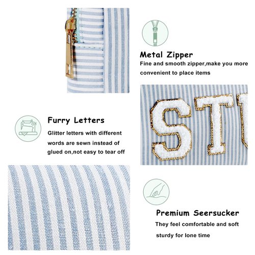 uekeboag Seersucker Chenille Letter Stuff Meds RX Makeup Bag, Travel Washable Purse Organizer with Zipper, Lightweight Toiletry Cute Personalized Preppy Cosmetic Bag For Women and Girls(03Blue Meds)