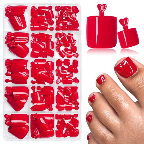 AddFavor 160pcs Red Press on Toenails for Women, Full Cover Fake Toe Nail Tips with Adhesive Tabs, Artificial Pedicure Toe Nail Press ons, Red False Toenail Press ons