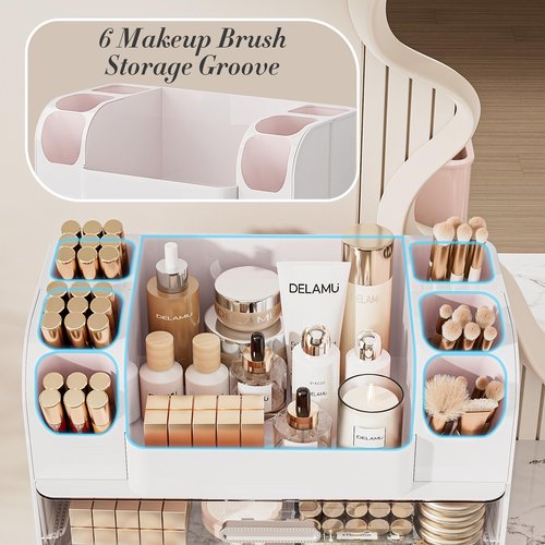 Delamu Makeup Organizer Countertop with 6 Brush Holder, Bathroom Countertop Organizer with 2 Large Drawers, Cosmetic Display Case for Vanity, Ideal Christmas Gifts for Women Girls, Light White