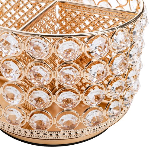 Hedume Crystal Vanity Organizer with 4 Compartments, 360 Degree Rotating Makeup Brush Holder, 4-Slot Glitter Gold Spinning Cosmetic Brushes Display Multi-Functional Desk Organizer Home Decor