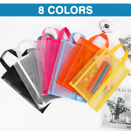 Fassave 6 Pack Mesh Zipper Pouch Bags, Double Layer Nylon Pouch with Handle for Office Travel Organization (Orange, A5)