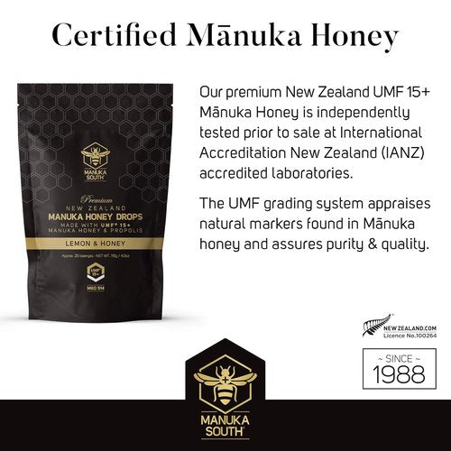 Manuka Health Manuka Honey Drops UMF 15+ | Soothing Natural Drops with Propolis - Lemon & Honey Flavor - 25 Drops