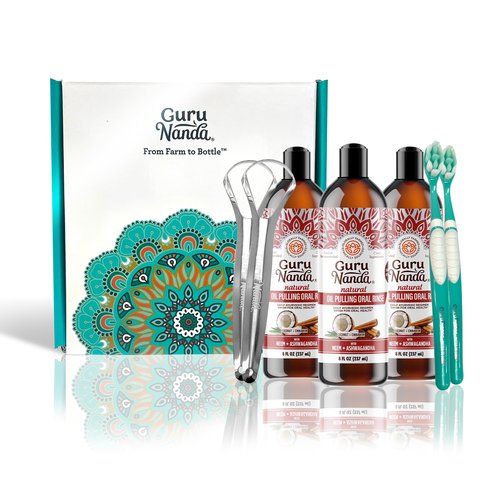 GuruNanda Cinnamon Oil Pulling Mouthwash, Promotes Calmness, with Neem & Ashwagandha for Fresh Breath & Happy Gums, Alcohol-Free, with Toothbrush & Tongue Scraper, 3X8 Oz