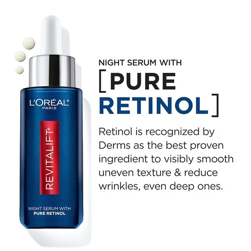 L'Oreal Paris Revitalift Night Serum - 0.3% Pure Retinol for Deep Wrinkle Reduction | Fragrance-Free 1 oz + Moisturizer Sample