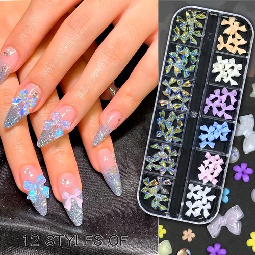 HNUIX Nail Charms - Nail Rhinestones Kit with 6 Boxes of Nail Gems, 3D Charms for Nails, Colorful Clear Flatback Gems, Pearls,Butterfly, Bow, Flowers, Caviar Beads, Multi Shape Crystals for Craft