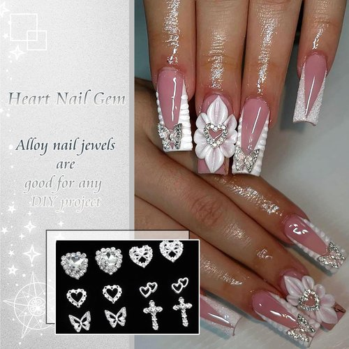42PCS Silver Nail Charms Crystal Heart Nail Charms 3D Alloy Cross Nail Charms Metal Butterfly Charms Nail Gems Rhinestones for Women Nail Art and DIY Crafts, Small
