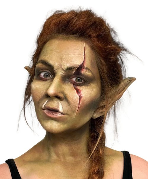 Graftobian Orc & Goblin Ear Complete Makeup Kit - Ears with Adhesive & Skin Tone Makeup - for Cosplay, Halloween Costumes, & Theater - Full Color Instructions