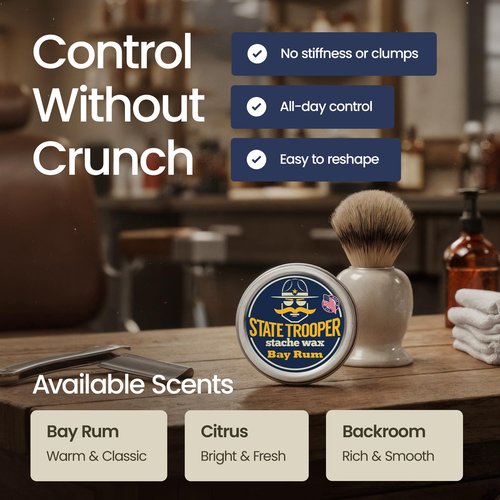 State Trooper Mustache Wax for Men – Medium Hold with Beeswax, Coconut Oil & Lanolin – Natural Moustache Grooming & Styling Wax with Bay Rum Scent - Nourishing Conditioner & Sculpting - Two Ounce Tin