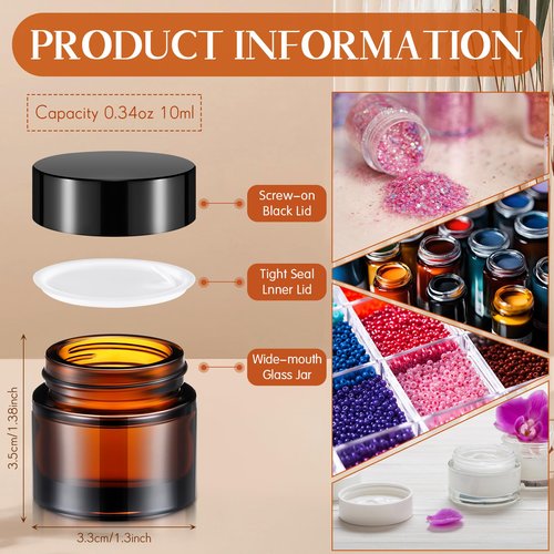 Norme 140 Pack 10ml Glass Cosmetic Jars with Lids, Refillable Sample Containers for Lip Balm, Cream, Lotion, Travel Size, Inner Liner, Wide Mouth(Amber)