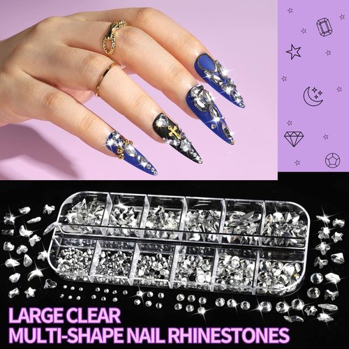 FANDAMEI Nail Charms and Gems, 8 Boxes Nail Art Kit for Design, Multi-Shape Rhinestones for Nails Flat Back Pearls Jewels, 3D Fruit Flower Candy Nail Charms, Gold Nail Studs Jewels