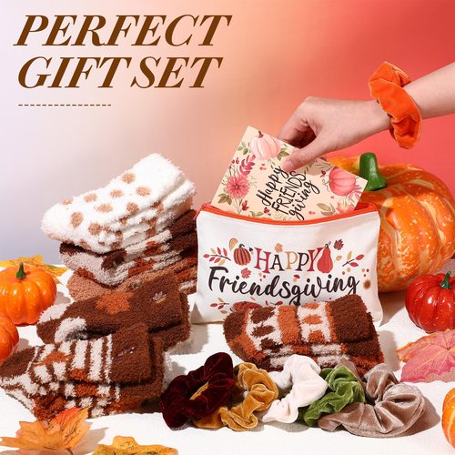 SilTriangle 6 Set Happy Friendsgiving Gift Includes Makeup Bag, Colorful Warm Fuzzy Crew Socks, Velvet Scrunchies and Happy Friendsgiving Card for Thanksgiving Fall Party Supplies Guest Friends Gift