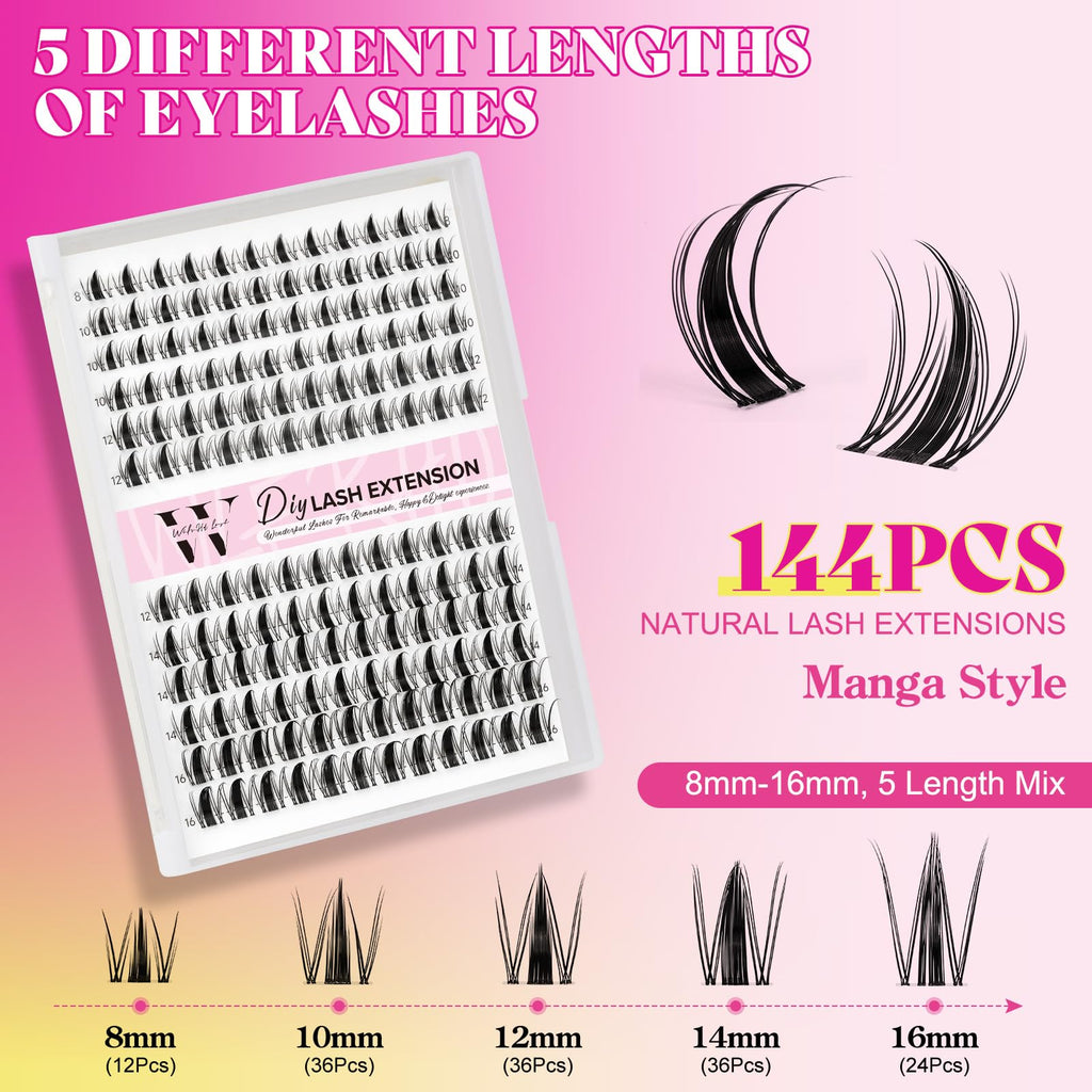 WLFRHD Manga Lash Clusters Kit DIY 144Pcs Fairy Eyelash Clusters Natural Lashes Kit with Anime Lash Clusters Bond and Seal, Remover and Tweezers for Invisible Band Eyelash Extensions Kit(D-Mix8-16mm)