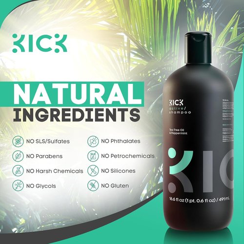 Kick Mens Shampoo - Peppermint & Tea Tree Oil Control - Sulfate-Free, Refreshing Formula - 16.6oz