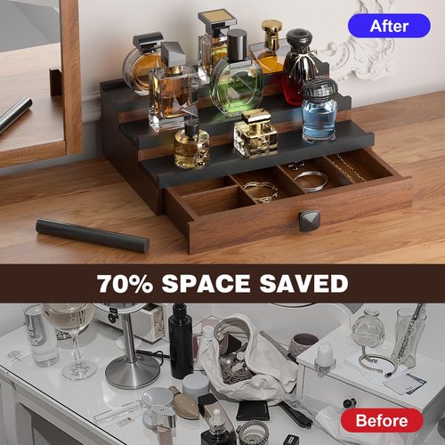 TIRYIUOU Cologne Organizer for Men: with Drawer, 3 Tier Wooden Cologne Stand Desktop Perfume Display Shelf, Bedroom Dresser Makeup Lotion Jewelry Storage Organizer ﻿