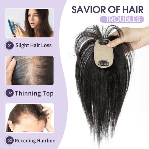 EonLuxe 10 Inch Real Human Hair Topper with Bangs for Women Covers Thinning Crown, Clip-In Hair Topper for Thinning Hair (Natural Black)