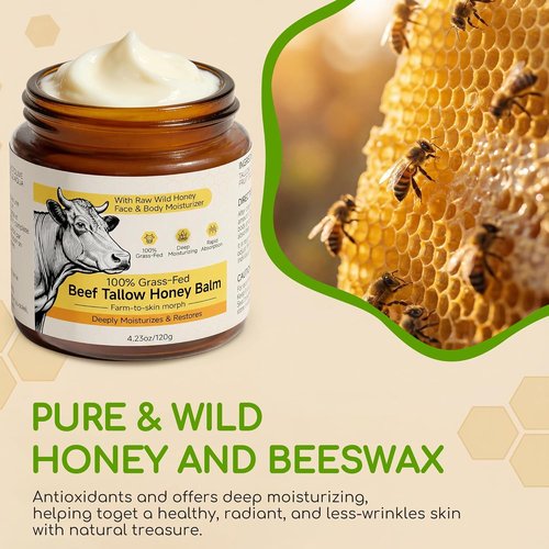 Beef Tallow - Whipped Tallow and Honey Balm Cream | 100% Grass-Fed Face Moisturizer, Unscented 4.2 OZ