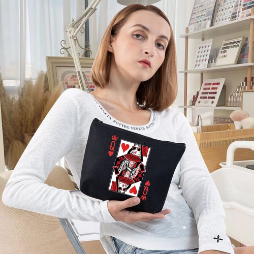 LEVLO Queen of Hearts Cosmetic Make Up Bag King and Queen Gift Blackjack Cards Poker Makeup Zipper Pouch Bag (Q Black)