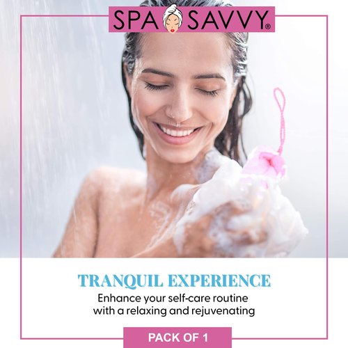 Spa Savvy Bath Loofah Back Scrubber, Long Stretch Mesh Shower Body Sponge with Rope Handles, Exfoliating Braided Pouf for Men and Women, Pink