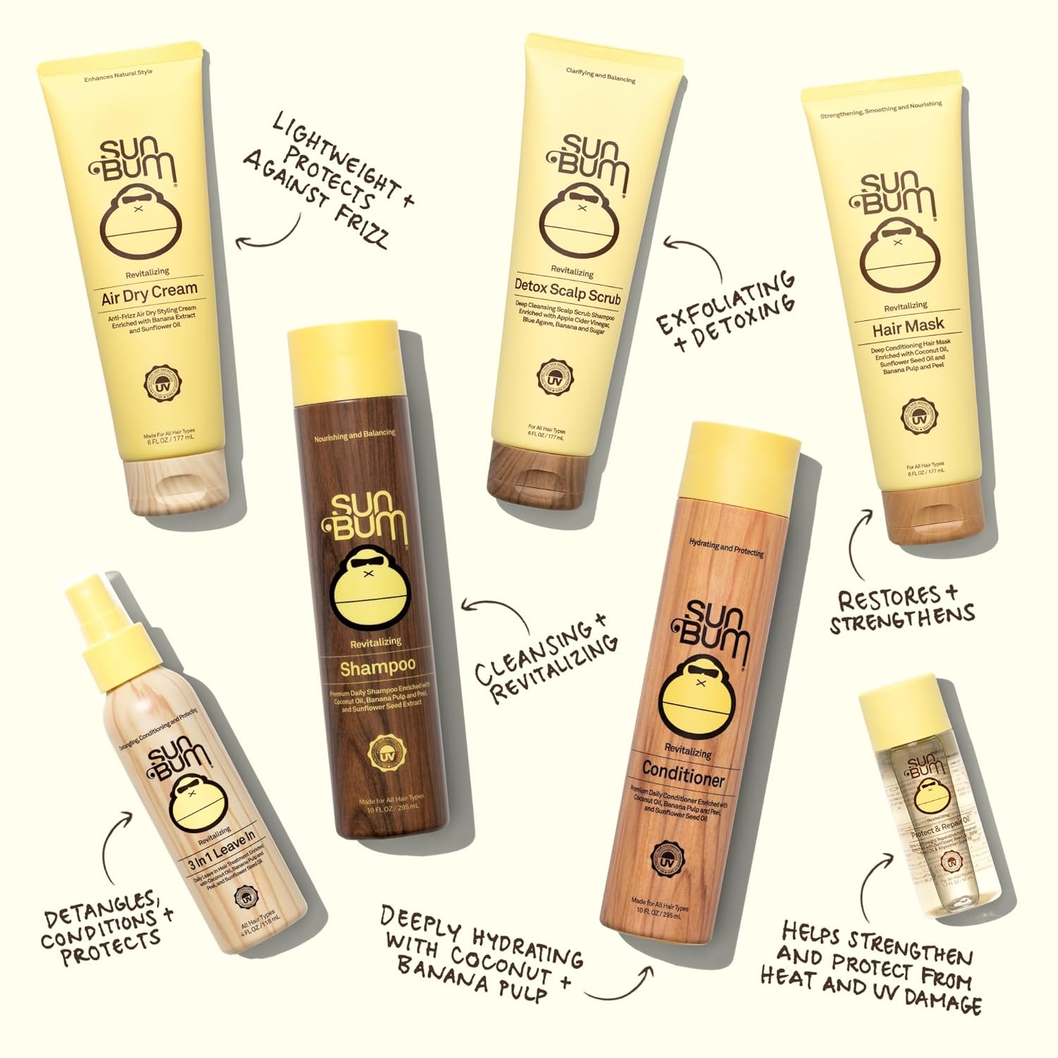 Sun Bum Revitalizing Air Dry Cream - Anti-Frizz Styling Cream with Banana Extract - Vegan & UV Protection - 6 fl oz