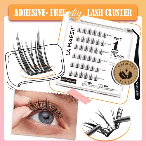 LA MAESII Self Adhesive Lash Clusters, Press-On Lashes No Glue Needed Pre Glued Eyelash Clusters Wispy Cluster Lashes, C Curl Individual Lash Kit, ULTRA-THIN&LIGHT Reusable No Residue(SA04)