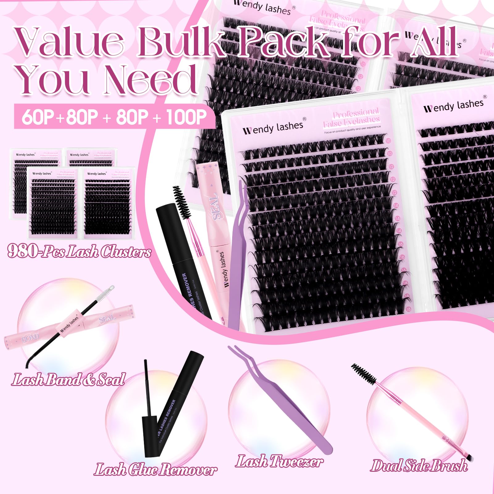 Wendy Lash Clusters Kit Packs: 980-Pcs, 60D, 80D, 80D, 100D, D Curl, 10-18mm Mixed, Cat Eye, Soft, Natural, Fluffy, DIY Eyelash, Individual, Eye lash clusters, Bulk Pack