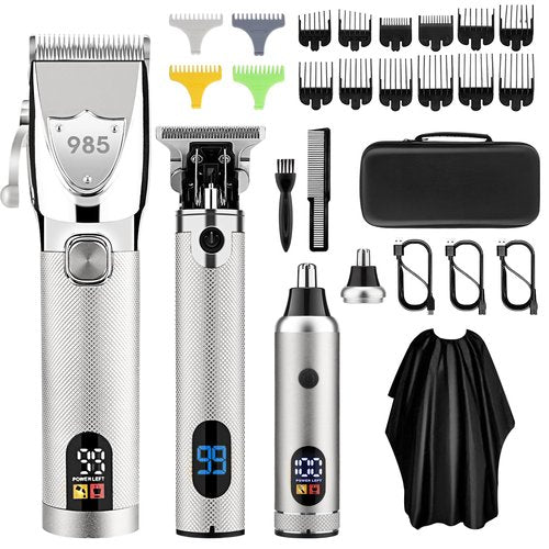 Adaife Professional Hair Clippers for Men, Electric Cordless Clippers and Trimmers Set, Nose Hair Beard Trimmer, Hair Cutting Barber Clippers with Guards, T Liners Edgers Clippers for Mens (Silver)