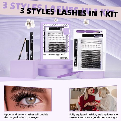 B&Qaugen B&Q Eyelash Extension Kit with Bottom Lash Extension 10-18mm 40D D Curl Lash Clusters Kit with Bottom Lashes DIY Lash Extension Kit Bond and Seal Lash Applicator (Kit-40D-D-MIX10-18)