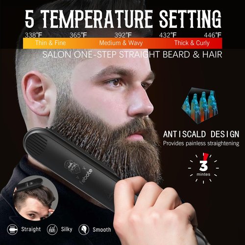 FEBOTE Innovation Beard&Hair Straightener for Men w/Natural Boar Bristle Brush, Pear Wood Comb, Mustache Scissors and Travel Bag, Professional Beard Care Set for Him, Men's Fashion and Grooming Gifts