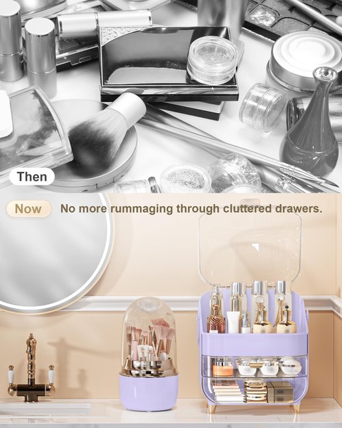 Anylady Makeup Brush Holder 360 Rotating, [Upgrade & with Cover] Makeup Brush Organizer for Vanity Countertop Bathroom (Purple)