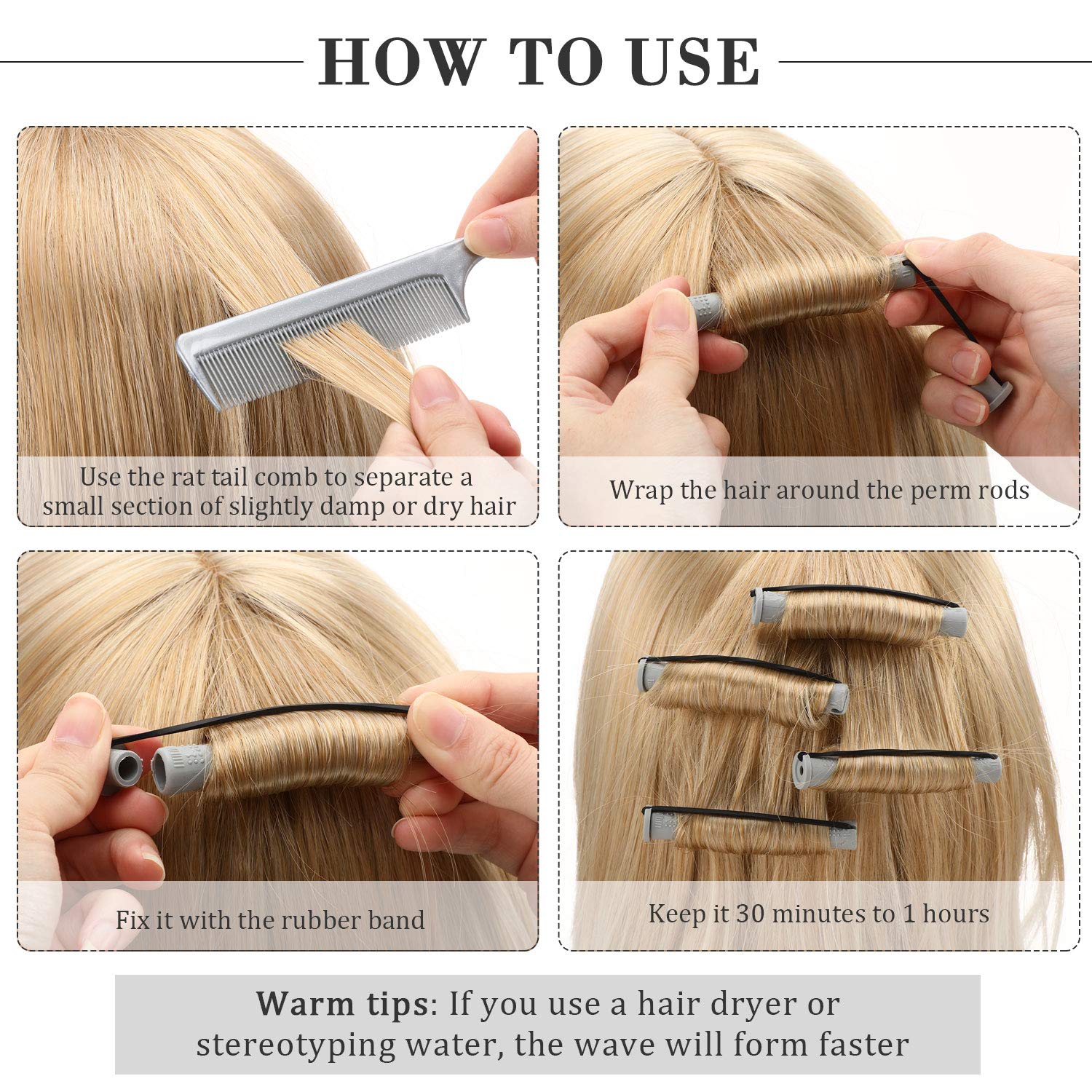 WILLBOND Cold Wave Rods - 36-Piece Hair Perm Rod Set with Steel Rat Tail Comb for Styling