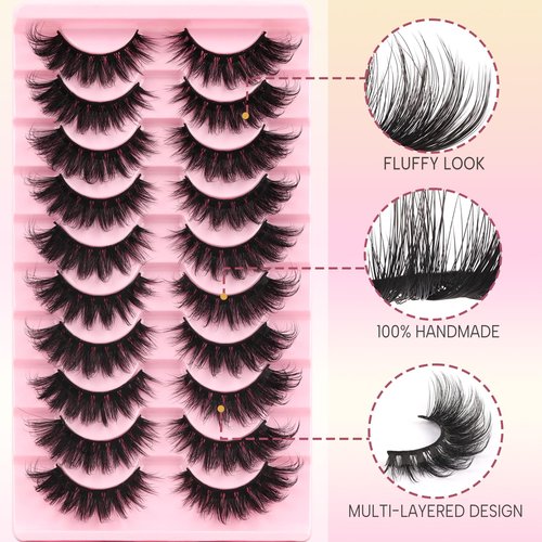Ahrikiss Lashes Fluffy Cat Eye Lashes 5D Volume False Eyelashes That Look Like Extensions 10 Pairs Soft Wispy Fake Eyelashes Faux Mink Lashes (D18)