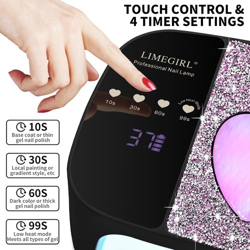 LIMEGIRL UV LED Nail Lamp Kit - Professional Fast Curing Black Dryer with 4 Timer Settings | Cordless Rechargeable Nail Art Machine for Home & Salon