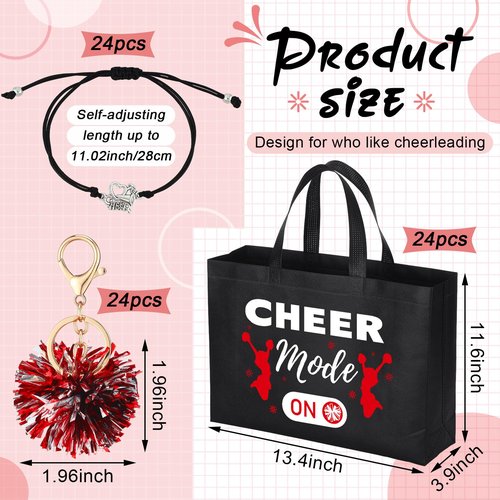 Landical 72 Pcs Red Cheerleading Gifts 24 Cheer Bags Portable 24 Pom Pom Keychain 24 Cheerleading Bracelet Canvas Makeup Bag Bulk Cheer Gifts Female Teammates Toiletries Accessories