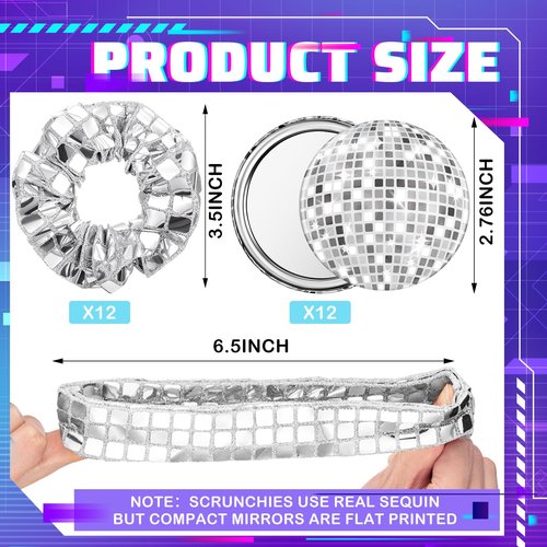 24 Pack Disco Party Favors Include 12 Pcs Sequin Hair Scrunchies 12 Pcs Metallic Ball Compact Mirror Disco Ball Accessories for Women 70s 80s 90s Bachelorette Party Bridal Shower Travel Gifts
