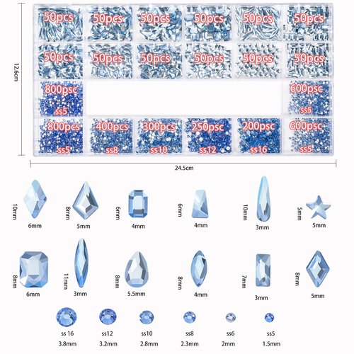 DZHILHMX Nail Rhinestones - 4300pcs Light Blue Crystals, Multiple Shape Gems, Flat Back Rhinestones, with Kit and Glue Gel, for Nail Art Decoration