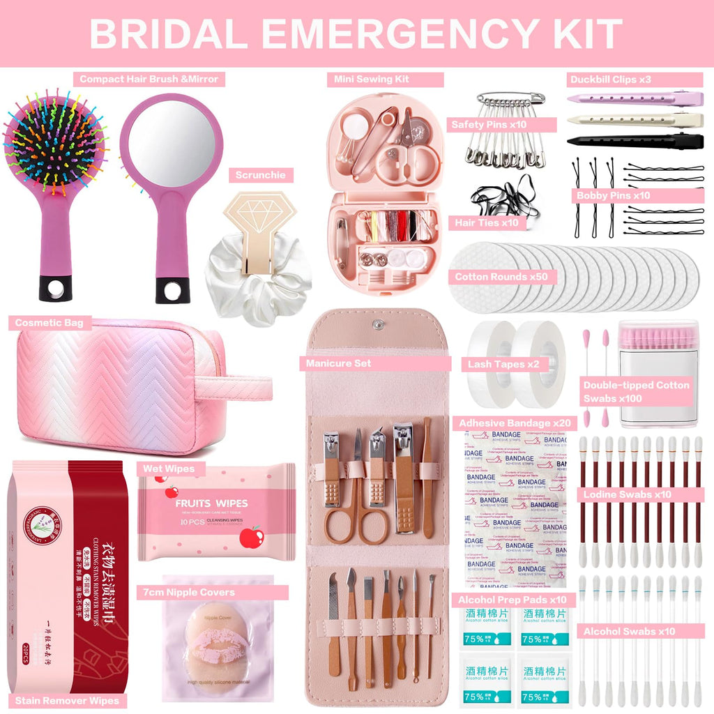 Wedding Day Emergency Kit for Bride, Team Bride Wedding Essentials Survival Set, Must-Have 40+ Essentials Travel Kit with Makeup Bag (Pink)