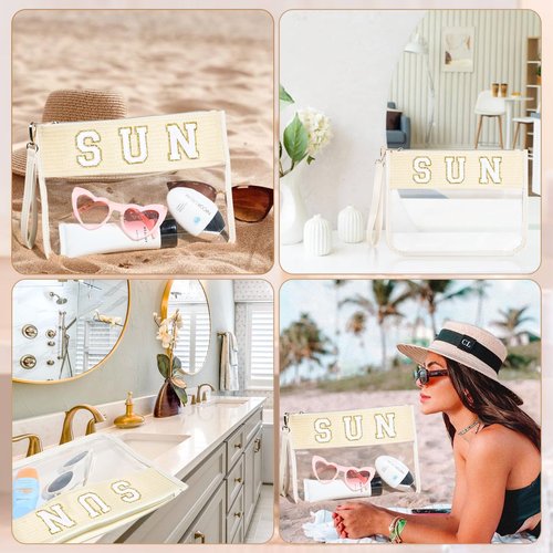 SOIDRAM SUN Bag Sunscreen Makeup Bag Chenille Letter Pouch Clear Travel Zipper Nylon Cosmetic SUN Pouch Organizer Sunscreen Toiletry Waterproof Summer Travel Gifts for Women