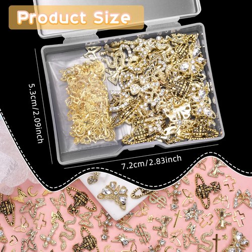 320 Pcs 3D Gold Nail Charms, Cross Snake Star Heart Dangle Nail Gems Charms, Bow Planet Dollar Butterfy Nail Gems for Alloy Nails, Rivet Nail Charms Rhinestones for Nails Art DIY Design