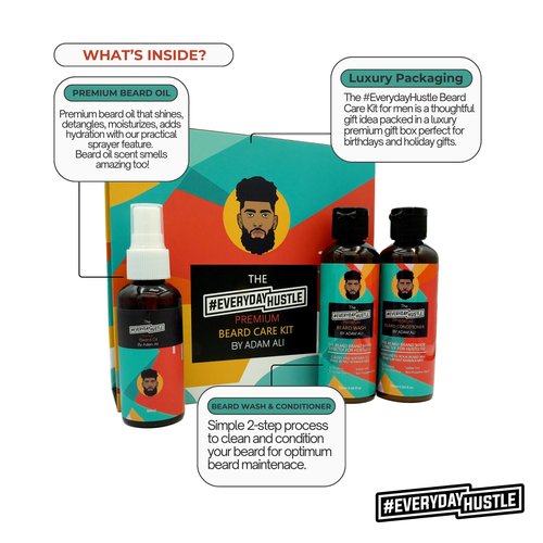 #EverydayHustle Premium Beard Care Kit for Men - With Shampoo, Conditioner & Spray Beard Oil - The Ultimate Beard Kit for Beard Moisture, Softening, Detangling, Grooming - 3-in-1 Pack