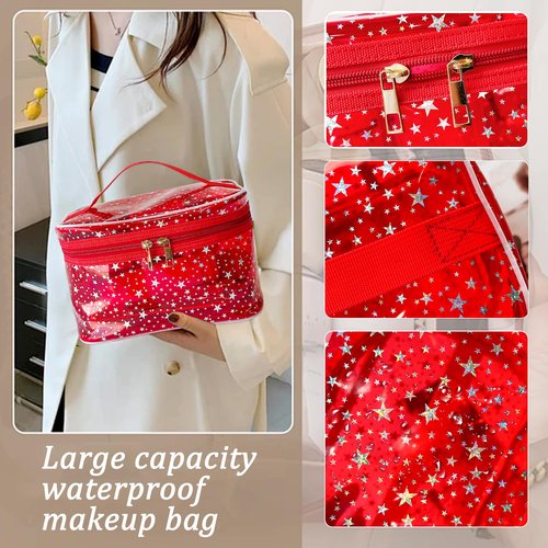 TotePrint Star Print Purple PVC Makeup Bag with Handle - 8.66 * 5.51 * 5.51 inch,Clear Storage Bag Toiletry Pocket Portable Zippered Pouch Waterproof Cosmetic Organizer Bags for Women (Purple-L)