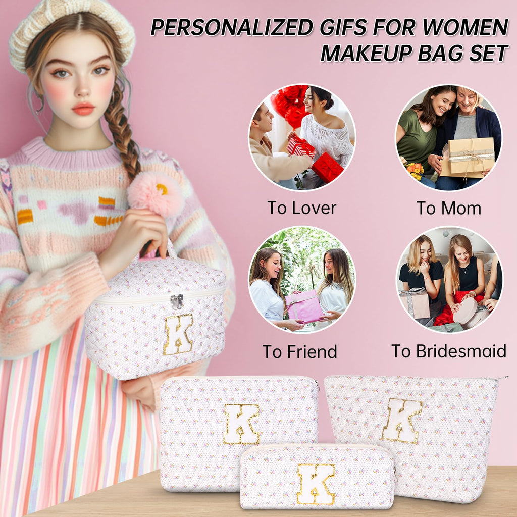 XUJKK Personalized Initial Makeup Bag, Quilted Cosmetic Bag, Large Floral Make Up Bag for Women, Cotton Makeup Bag Set, Flower Travel Toiletry Bag | Birthday Gifts for Women Daughter Gifts F